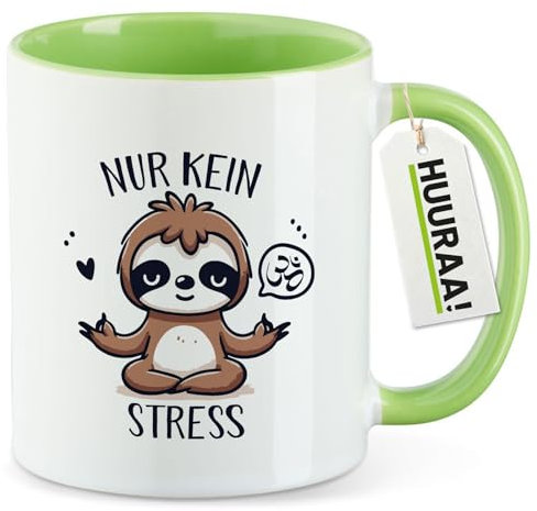 Huuraa Kaffeebecher Nur keinen Stress Yoga Faultier Geschenk 330ml Grün Nur keinen Stress Mitbringsel