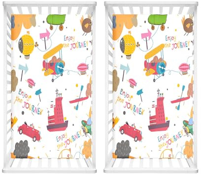 Hiseng 2 Stück Baby Spannbettlaken Bettlaken für Eckige & Oval Matratzen, Weiche Mikrofaser Spannbettlaken Kinderwagen Matratzenschoner für Beistellbett & Kinderwagen (Meer, Land und Luft,51x85cm)