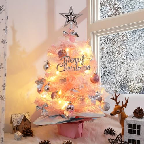 Livofloral Künstlicher Weihnachtsbaum mit Lichterkette, 60cm Weihnachtsbaum Klein für Innen Weihnachten Deko, Tisch-Weihnachtsbaum Mini mit Seidenband, Christmas Tree Tischplatte Tannenbaum, Rosa