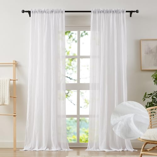 Anpark Elegante transparente Vorhänge in Weiß, 274 cm lang, lichtdurchlässig, aus Strukturiertem Baumwoll-Leinen-Voile, natürlich, halbtransparent, Wohnzimmer, Terrassentür, 2 Paneele, B132 x L274 cm