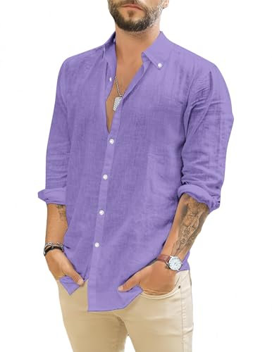 TARAINYA Camicia Lino Uomo Cotone Manica Lunga Estiva Casual con Tasche Regular Fit Viola 3XL
