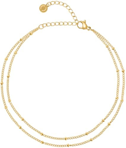 day.berlin Damen Fußkettchen Ava in Gold 18k vergoldet, Layered Fußkette mit kleinen Kugeln 22cm + 5cm variable Länge, 316L Edelstahl nickelfrei und wasserfest