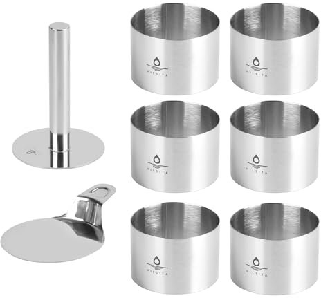 6 Pieces Cake Ring Mould, Seamless Stainless Steel Cake Cutter for Baking, 3 Inch Cooking Ring with Food Press & Spatula, Dessert Moulds Baking Tool, Includes 1 Food Press, 1 Spatula and 6 Rings