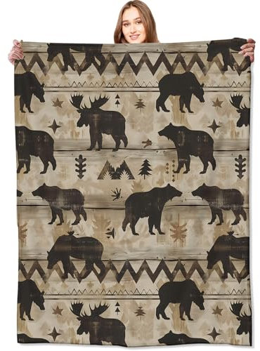 VODRM Decke mit Bär und Elch, rustikale Waldtier-Überwurfdecke, Geburtstagsgeschenk für Damen, Herren und Naturliebhaber, leicht, weiches Fleece, gemütlich für Sofa, Couch, Schlafzimmer,
