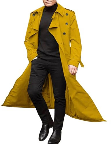 SAUTRV Trench long pour homme, double boutonnage, manteau long en laine avec ceinture, coupe ajustée, double boutonnage, coupe-vent, revers long, veste longue d'affaires, trench-coat pour hommes,
