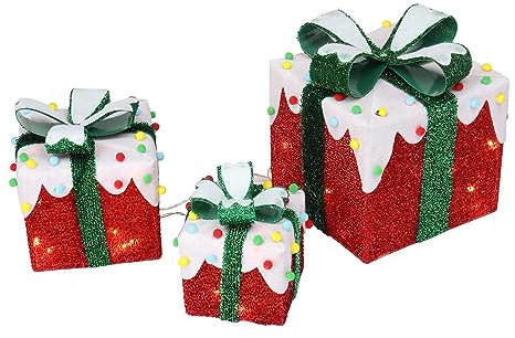 LEADZM Décoration Noël LED - Boîtes Cadeaux Lumineuses - Ensemble de 3 Lumières de Noël pour Intérieur et Extérieur (Rouge)