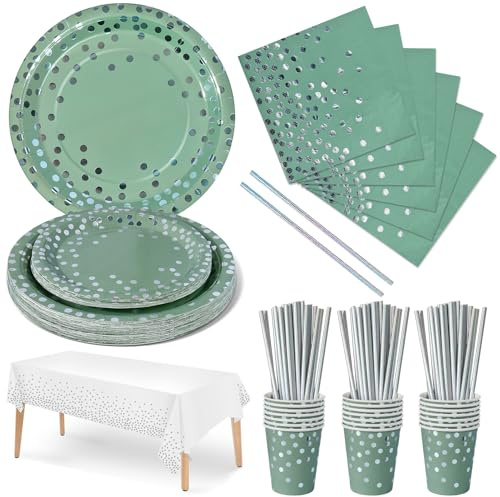 Nkaiso 126 Pcs Sage Green and Silver Party Plates Cups and Napkins for 25 | Party Supplies with 9 Dinner Plates & 7 Dessert Plates Cups Straws, Tableware for Birthday Party, Wedding