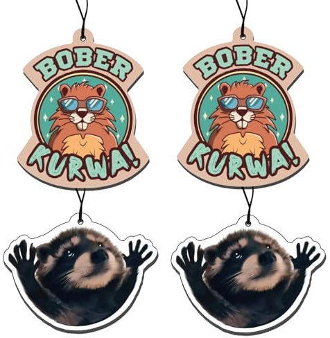 4 x Duftanhänger Auto, Duftbaum mit Biber Motiv, Lufterfrischer mit Waschbär Motiv, Auto Lufterfrischer, Lustiger Duftbaum Auto