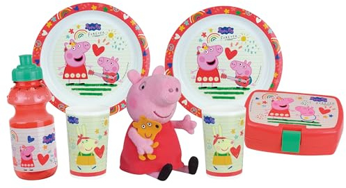 FUN HOUSE Peppa Pig Geschirrset für Kinder | 2 Teller + 2 Gläser + Trinkflasche + Brotdose + Plüschtier 17 cm | offizielles Lizenzprodukt | wiederverwendbar | französische Marke | Geschenkidee
