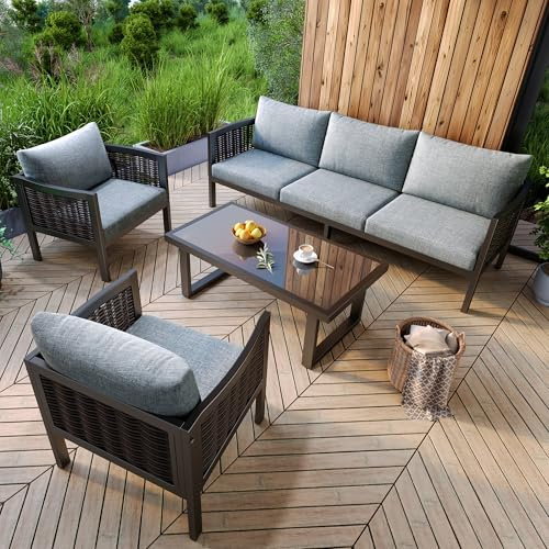 Kayan Gartenlounge Set Wetterfest für 5 Personen, Polyrattan Gartenmöbel Set mit Sofa, Sessel und Couchtisch, Verzinkter Stahl, Glastischplatte, Schwarz+Grau