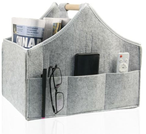 Zeitschriftenständer, moderner Zeitungssammler, großer Filz Zeitungspapierkorb, abnehmbare 4-Lagen-Trennwand,Massivholzgriff,3-kleine Außentaschen,geeignet für Haus- und Büroaufbewahrung (Hellgrau)