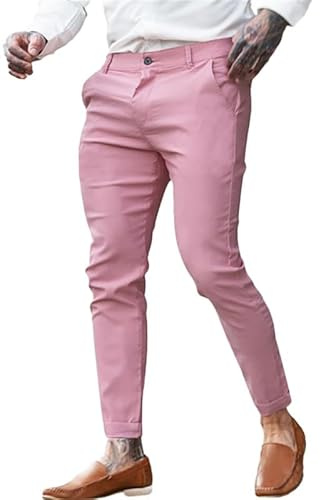 Oanviso Pantalon Chino Stretch Slim Fit Homme Ete Travail Bureau Pantalon Costume Ajusté Style Décontracté Coupe Skinny Classique Chic Regular Sweatpants Rose XL