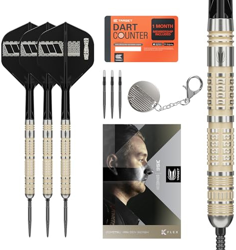 Target Darts Dimitri Van den Bergh Steeldarts 95K-Dartpfeil-Set, 22 g | 95-%-Tungsten-Dartpfeile, K-Flex No. 2 Flights und Schäfte, Schwarze Swiss DX-Points und SP-Tool inkludiert | Player-Edition