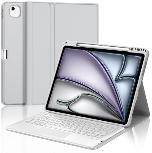 Coque Clavier pour iPad Air 13 Pouces (M4 2026, M3 2025, M2 2024) et iPad Pro 12.9 Pouces (6e/5e/4e/3e Génération), AZERTY Français Housse Clavier Bluetooth Magnétique avec Pavé Tactile, Gris Clair
