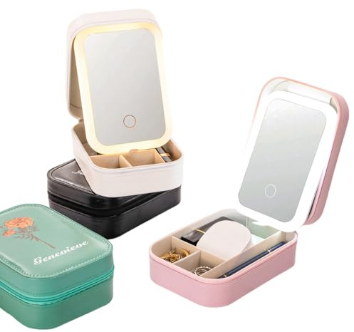 GSTFY Personalised Travel Jewellery Box for Women Leather Small Custom Name Birth Flower Jewellery Case WIth Three-colour LED Light & Makeup Mirror Birthday Gifts For Mum Grandma Grandaughter