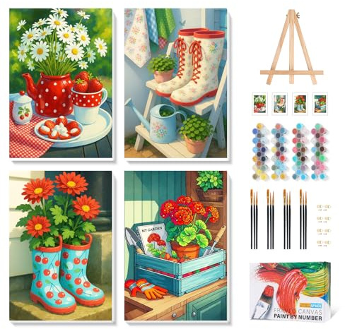 4 Stück Malen nach Zahlen Set Erwachsene mit Rahmen und Staffelei, Pflanzen | 20x30cm, DIY Acrylmalerei Set, Einfache Gestaltung, Für Anfänger und Erwachsene, Ideal als Geschenk und Wanddeko