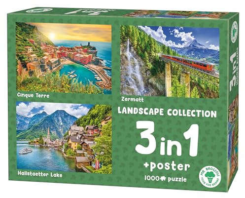 Mr. Broccoli 3 x 1000 Teile Puzzle Landschaft für Erwachsene | Puzzleset Landschaftsmotive aus Europa: Cinque Terre, Zermatt und Hallstätter See mit Posters