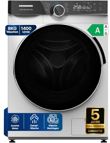 HEINNER HWM-M814IVKA+++ – 8 kg Frontlader-Waschmaschine, Inverter-Motor, 1400 U/min, Energieklasse A, LED-Display, 5 Jahre Garantie (Weiß, 8 KG)