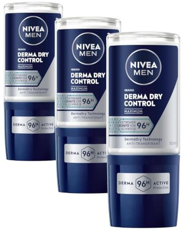 NIVEA MEN Derma Dry Control Maximum Deo Roll-on 3er-Set, Deodorant mit 96h extremem Schweißschutz, hautschonendes Antitranspirant für ein trockenes Hautgefühl (3 x 50 ml)