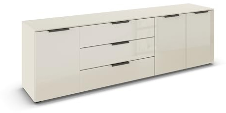 Rauch Möbel Flipp, Kommode, Farbe Glas Beige, Breite 199 cm | Sideboard, 3-türig, 3 Schubladen, Glasfront, Soft-Close-Funktion, für Schlafzimmer, Gästezimmer, Wohnzimmer, Garderobe, Flur