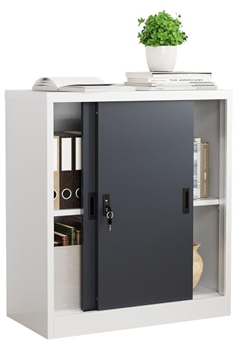 VCM Metall Büroschrank H. 90 x B. 80 x T. 40 cm/Aktenschrank Büromöbel für Ordner/Stahlschrank abschließbar/Schiebetürenschrank Malivo 2 Fach mit Schiebetüren