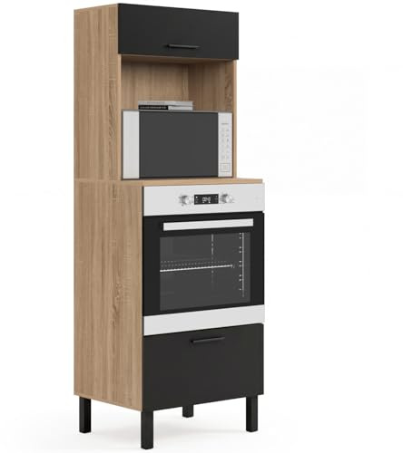 IDMarket - CINA Armadio forno/microonde a colonna da 60 cm a 2 porte, nero e faggio