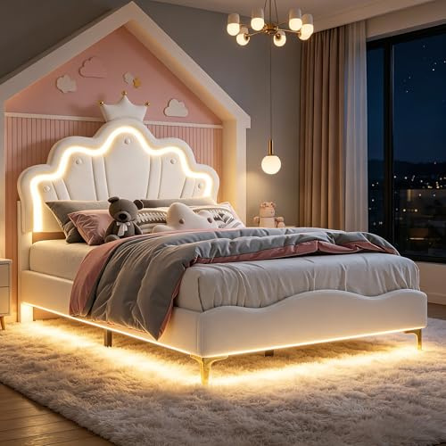 Julyue Weißes Kinderbett mit RGB-LED-Lichtern, Wolken-Kopfteil mit Krone, gepolstertes Bett 140 x 190 cm, weißes Kunstleder, Höhe verstellbar und unterbetter Stiefel
