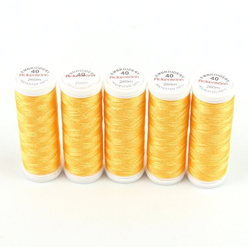 Ackermann® Embroidery (5X 260m) Maschinen STICKGARN, hochglänzendes und reißfestes Garn für die Näh- und Stickmaschine (2808 Gold 4)