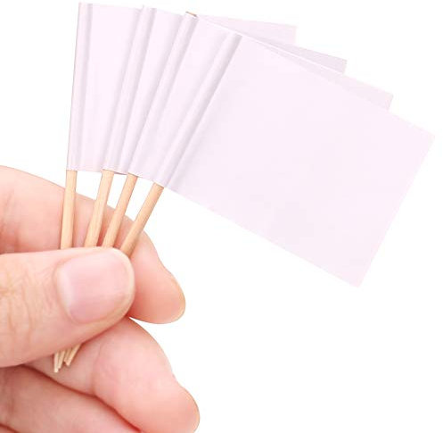 H&S Weiße Fähnchen zum Beschriften - 200 Flaggenpicker - Zahnstocher Papierfähnchen für Alle Arten von Events oder zur Lebensmitteldekoration - Zahnstocher mit Fahne - Kleine Fähnchen - Pieker Vegan