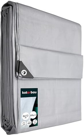 KOTARBAU - Bâche en tissu 6 x 12 m - Argent - 200 g/m² - Œillets renforcés - Bâche de protection - Bâche de chantier - Cordon étanche et indéchirable - Pour toutes les conditions météorologiques