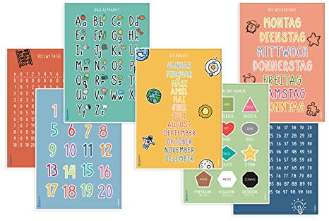 7 Stück pädagogische Lernplakate Lernposter für Kinder Grundschule Schule Deko Kleinkinder Poster Vorschule Lesen Schreiben ABC Alphabet Buchstaben Zahlen Lernen Montessori DINA4 Poster DEUTSCH