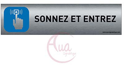 Plaque de porte aluminium brossé imprimé -Dimensions 200 x 50 mm - Double face adhésif au dos - Impression UV directement sur l'aluminium (Pas de contre collage) (Sonnez et entrez)