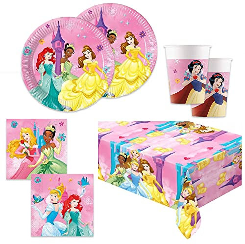 Kit 37pz - coordinato tavolo Principesse - con Biancaneve, Cenerentola, Aurora, Ariel, Belle, Tiana, Rapunzel - coordinato Tavola MONOUSO Festa - set ideale per 8 OSPITI - per party, compleanno