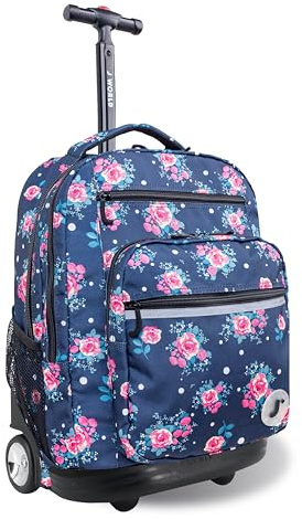 J World New York Sundance Rolling Backpack Girl Boy Roller Bookbag, Navy Rose, 20 X 13 X 9 (H X W X D), Sundance Rolling Backpack Girl Boy Roller Bookbag