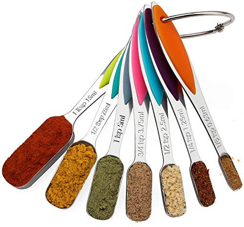 YellRin Messlöffel-Set aus Edelstahl, mit langem Griff, stapelbar, robust, aus Metall, 7 Stück
