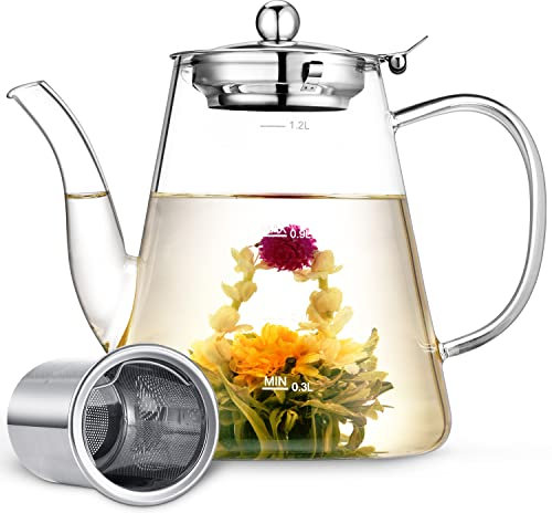 Tetera Cristal, Zpose 1200 ml Tetera con Filtro Infusor Extraíble de Acero Inoxidable, Tetera de Vidrio Resistente al Calor, Tea Pot Teteras para Té y Café