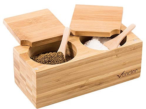 Vencier Bamboo Spice Salt & Pepper Box Magnetic Hinged Pot Includes 2 Spoons 2 Part Sectioned Wood Salt Pig for Herbs & Spices