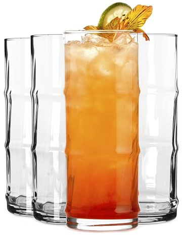 Libbey Tiki Bamboo Highball Drinking Glasses,Iconic 16 Oz Tall Cocktail Glasses Set of 4,Modern Highball Cocktail Glasses