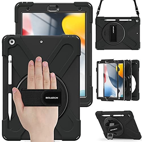 BRAECN für iPad 9/8/7 Generation Hülle 10,2 Zoll 2021/2020/2019, Robuste Stoßfeste Schutzhülle mit Displayschutz, 360° Drehbarer Handgurt und Ständer, Stifthalter, Schultergurt, Schwarz