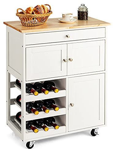 GOPLUS Küchenwagen auf Rollen, Servierwagen mit 1 Schublade 2 Schrank & Weinregal, Rollwagen aus Holz, Gummi-Räder, Metall-Griff, im Landhausstil, für Küche Restaurant Bar (Weiß)