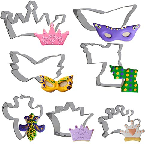 Ausstechformen-Set aus Edelstahl, Krone, Maske, Fleur de Lis, New Orleans Fat Tuesday, 7 Stück