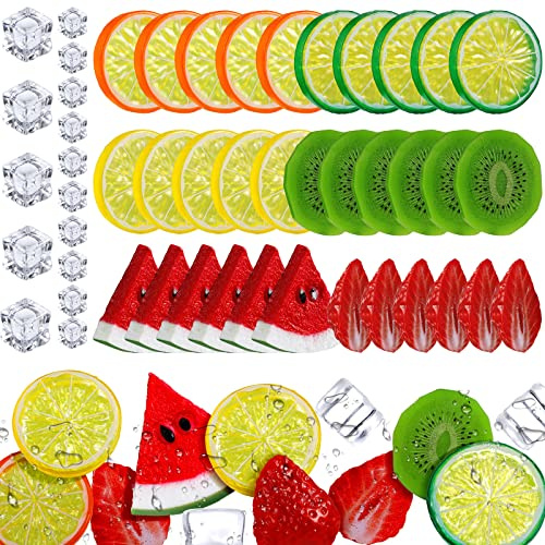 Juexica 48 Pcs Fake Fruit Slices Ice Cubes Artificial Fruits Summer for Decoration Fake Lemon Slices Watermelon Strawberries Kiwi with Ice Rocks for Tumblers Vase Decor Bake Crafts