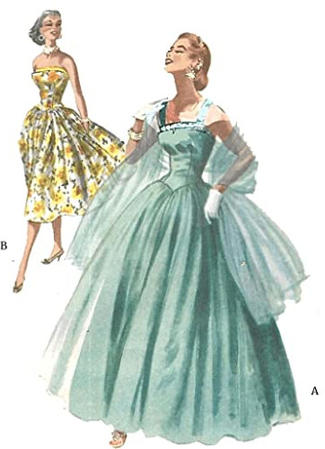 Générique Muster der 1950er Jahre, Abendkleid, Brautkleid, Ballkleid und Stola, Schwarz und Weiß (MC3399), Größe 44 (Vintage-Größe)