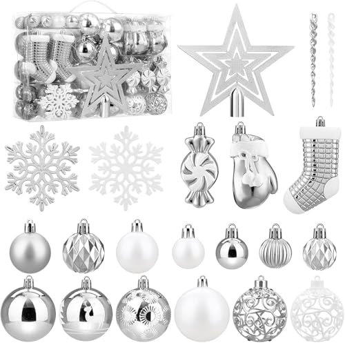SOLEDI Set di 128 Palline di Natale - Accessori Decorativi per L'Albero di Natale - addobbi Natalizie in Argento e Bianco - Diverse Forme di Palline ed Un Puntale per Albero di Natale