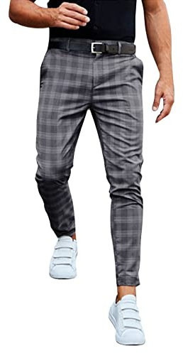 Generic Herren Chino Hose Kariert Stoffhose Slim Fit Business Chinohose Straight Bein Schlank Beiläufige Hosen Stretch Streetwear Freizeithose, Gray, XL