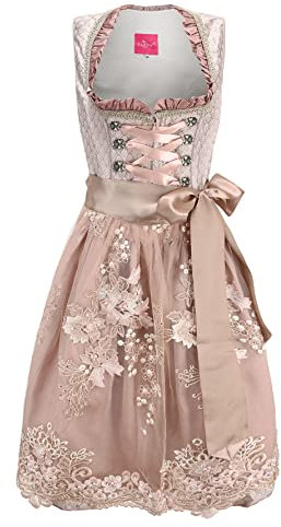ELFIN Damen Midi Dirndl Elegante Trachtenkleid für Oktoberfest inkl. Spitzen Dirndlschürze, Champagner Rosa, 38