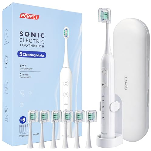 PERECT Electric Toothbrush for Adults, Rechargeable Sonic Toothbrush Travel-Ready Kit with Travel Case, 6 Replacement Brush Heads, 5 Modes 3 Intensities, 2-Minute Smart Timer, IPX7 Waterproof, White