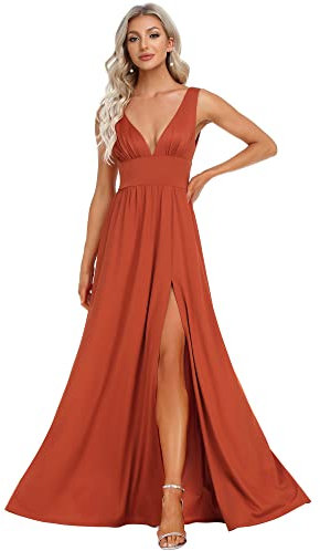Ever-Pretty Robe Femme pour Mariage Longue Fendue Col V Mousseline de Soie sans Manche A Line Chic Orange Brûlée 42