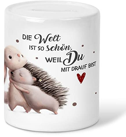 MIKALINO Kinder Spardose Die Welt ist so schön, Weil Du mit Drauf bist Hase und Igel Geschenke Geschenkideen Sparschwein - handbedruckt in Deutschland, Farbe:Weiss, Grösse:OneSize