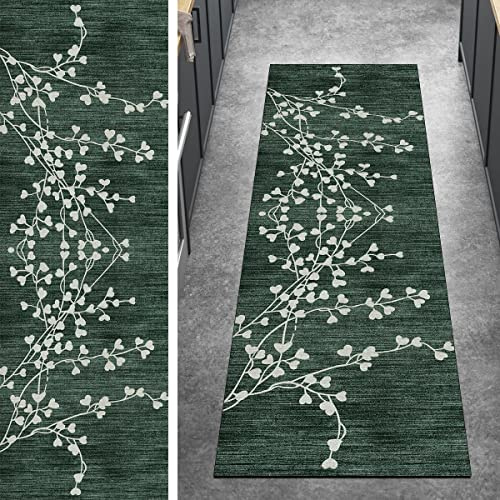 Ymural Lang Teppich Läufer Flur Vintage Kücheteppich 50x250CM Dunkel Grün Kücheläufer rutschfest Lang Teppichläufer Waschbar Kurzflor Polyester Korridor Schlafzimmer, Anpassbar Breite 40-120cm
